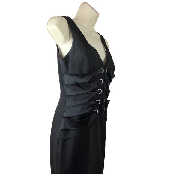 Chetta B Y2K Black Silk Corset Style Mini Dress Sz 4 Rhinestone Bodice Grommets - Picture 4 of 9